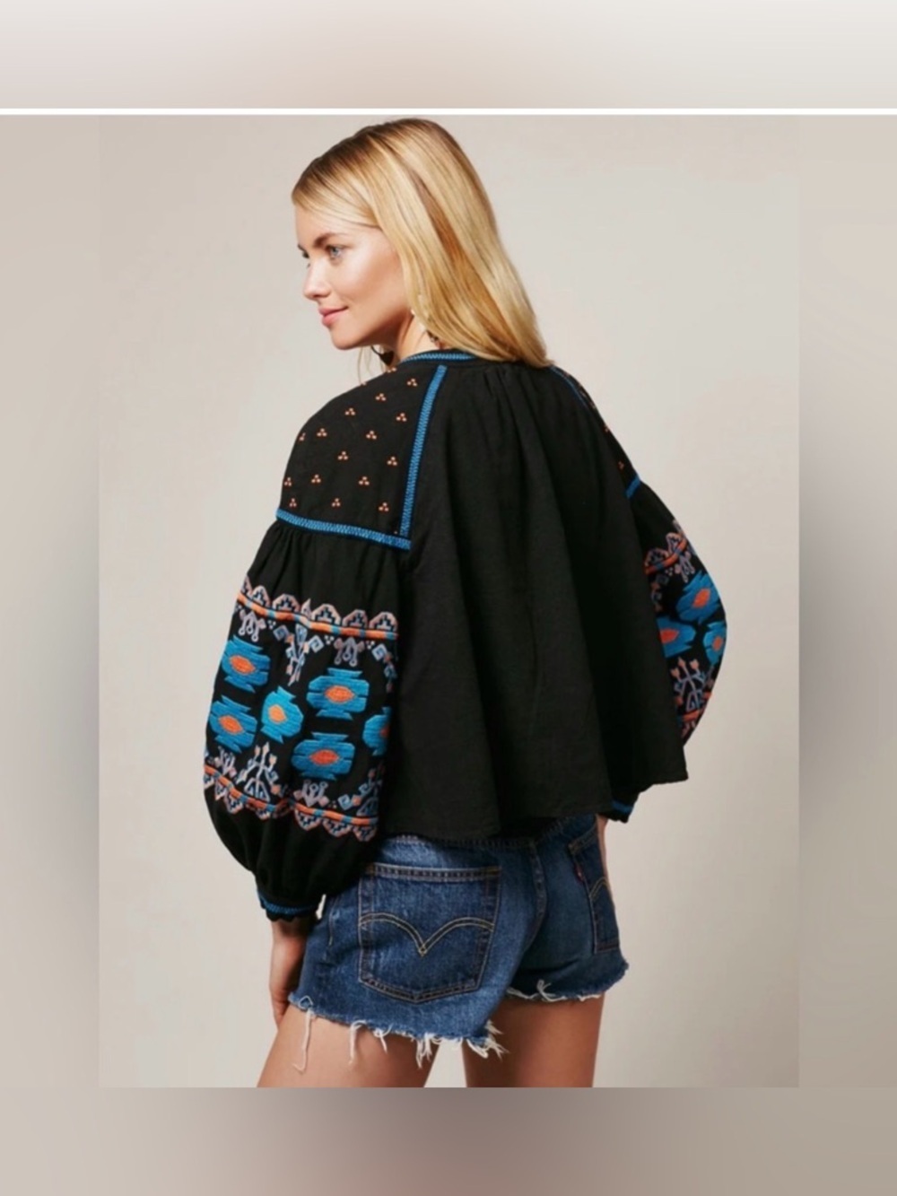 Free People Embroidered Tie-Front Boho Jacket Southwestern Puff Sleeve Black - Picture 3 of 12